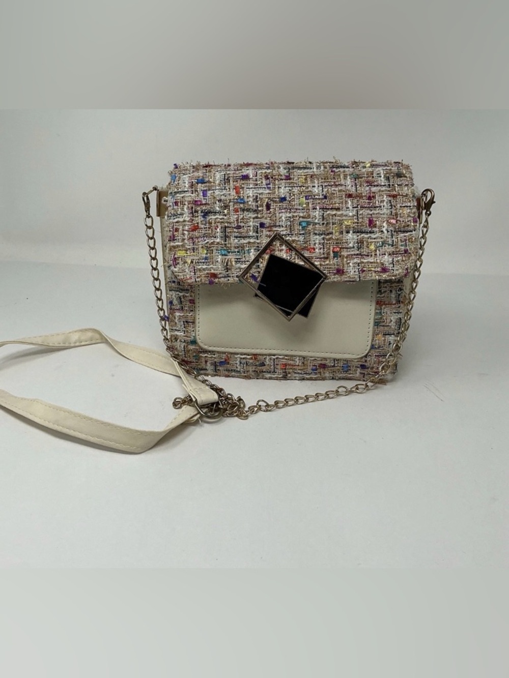 Boho Chic Multi-Color Tweed & Cream Faux Leather Crossbody Bag Gold Chain